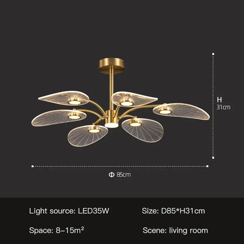 Decorbites golden art peacock led chandelier with gold-toned leaf-shaped glass shades for living room lighting