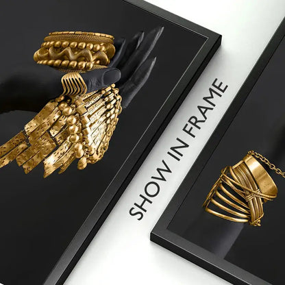 A black-gloved hand holding an ornate golden jewelry african bracelet featured in decorbites african woman canvas art