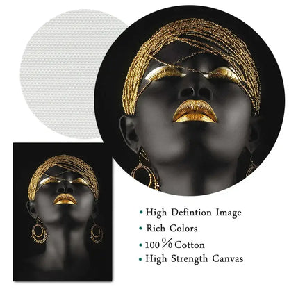 Black canvas art print of african woman with golden jewelry african accents on lips eyes and headwrap by DecorBites™