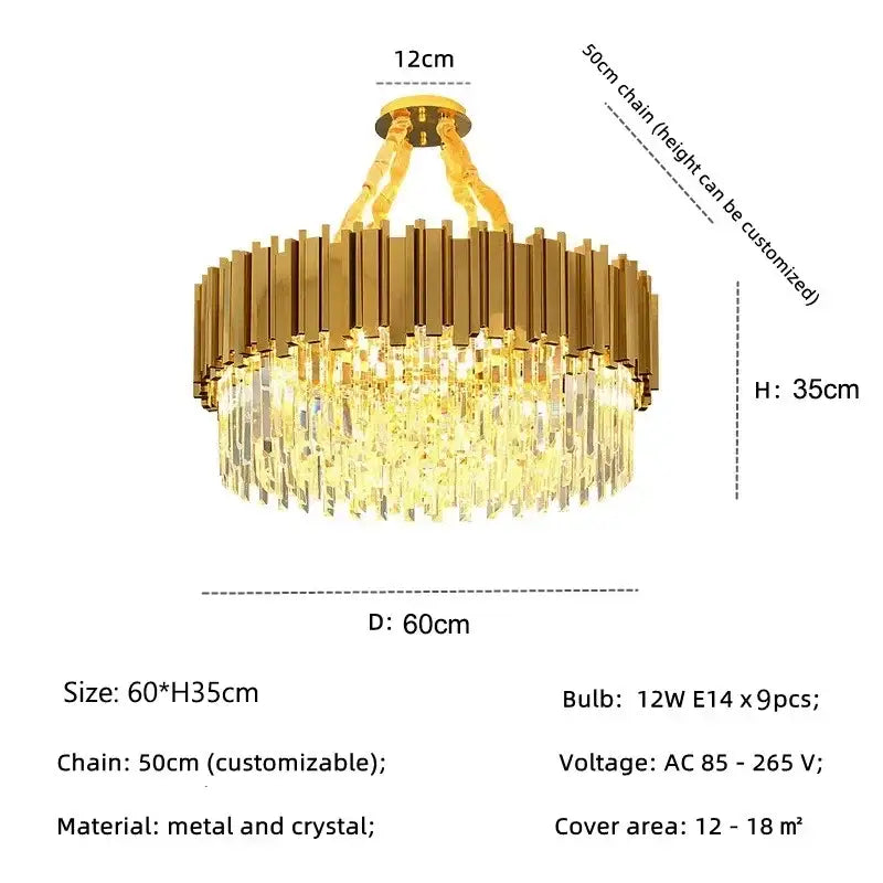 Decorbites golden luxury chandelier with gold-toned circular metal frame and cascading crystal droplets for living room