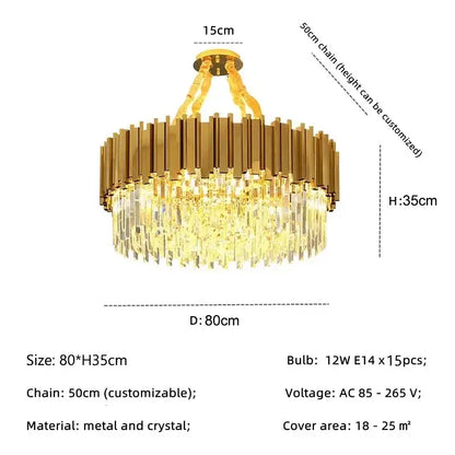 Decorbites golden luxury chandelier with circular gold-toned metal frame and cascading crystal rods for living room use
