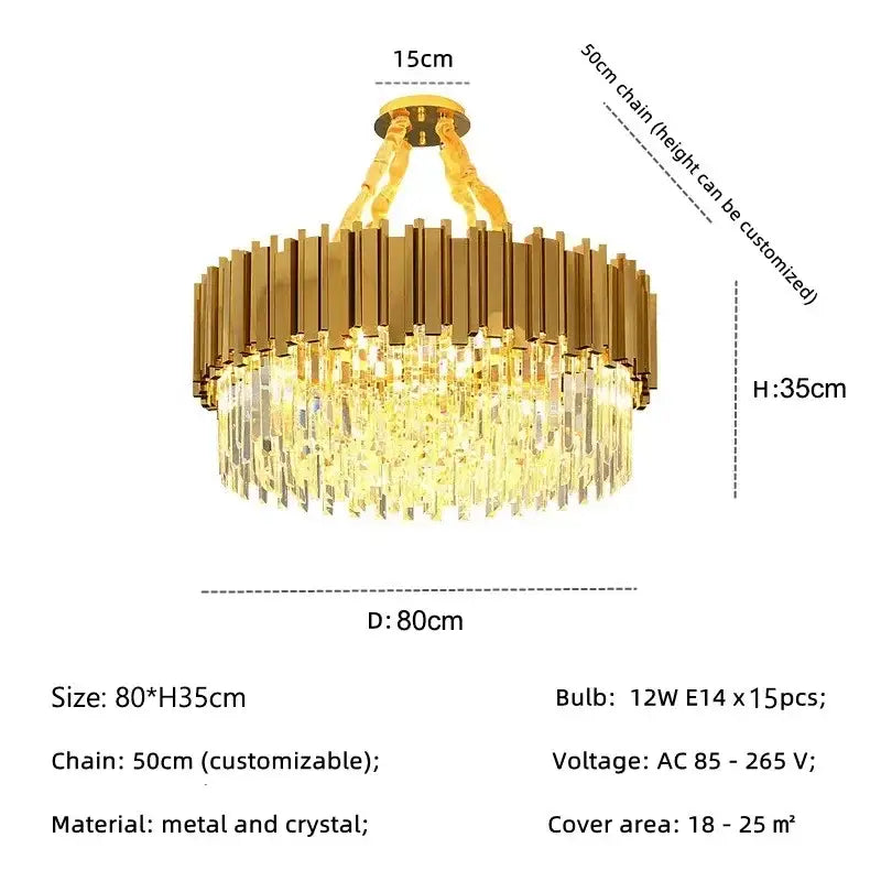 Decorbites golden luxury chandelier with circular gold-toned metal frame and cascading crystal rods for living room use
