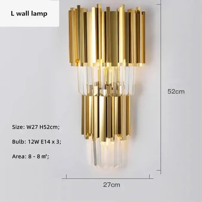 Decorbites golden luxury l-shaped wall lamp with gold and clear crystal rods for elegant living room lighting