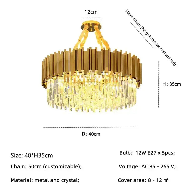 Decorbites golden luxury chandelier with gold-toned circular frame and cascading crystal rods for living room