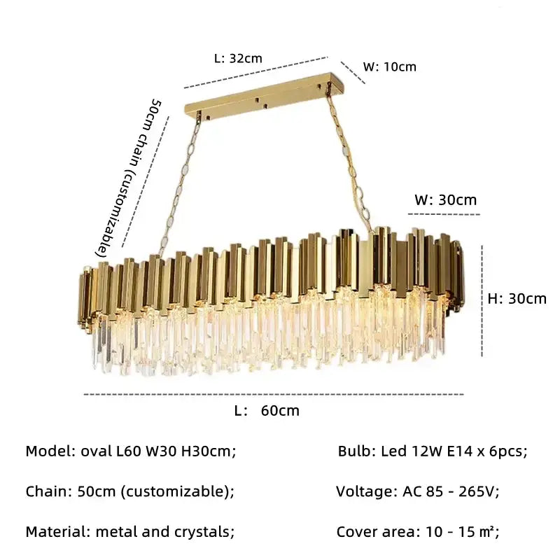 Decorbites golden luxury chandelier featuring gold-toned oval frame with crystal rods for elegant living room decor