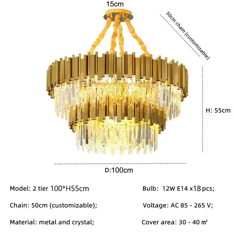 Decorbites golden luxury two-tier chandelier with cascading crystal rods and 50cm customizable chain for living room