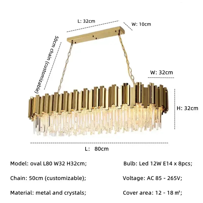 Decorbites golden luxury chandelier with gold-toned oval frame, vertical metal bars, and cascading crystal droplets for living room