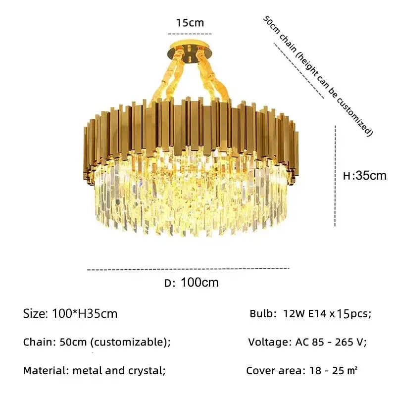 Decorbites golden luxury chandelier with gold-toned circular frame and cascading crystal rods for living room use