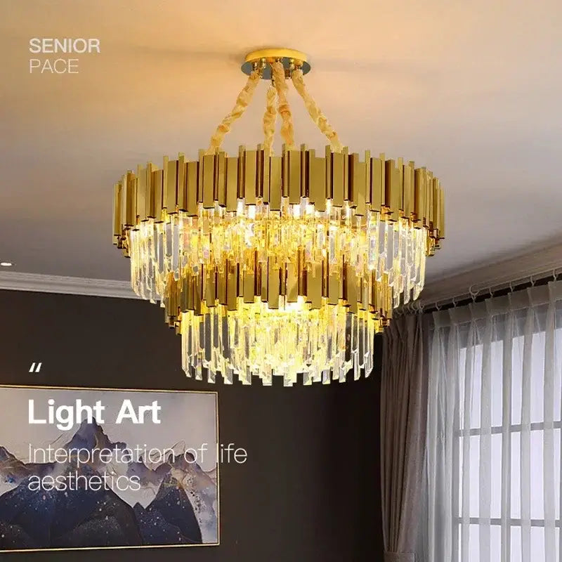 Decorbites golden luxury chandelier with cascading crystal prisms and modern tiered design for living room