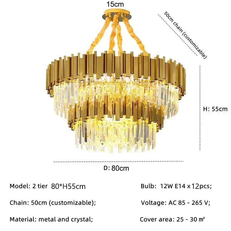 Decorbites golden luxury two-tier chandelier with cascading crystal strands and 50cm customizable chain for living room