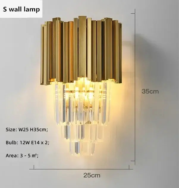 Decorbites golden luxury wall lamp with gold tone and cascading crystal prisms for elegant living room lighting