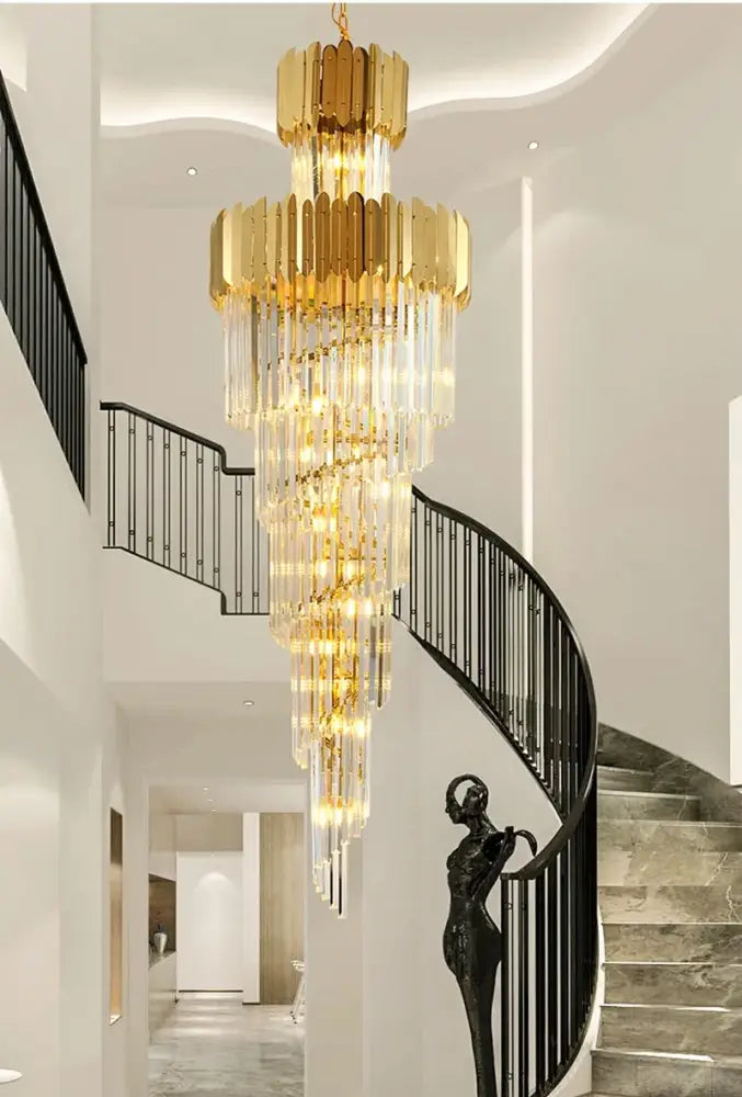 Decorbites golden luxury hotel lobby crystal staircase chandelier with cascading crystal tiers in gold finish