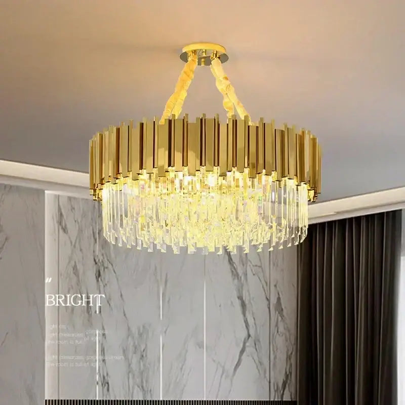 Decorbites golden luxury led crystal chandelier with gold-toned brass bars and cascading crystal droplets for living room lighting