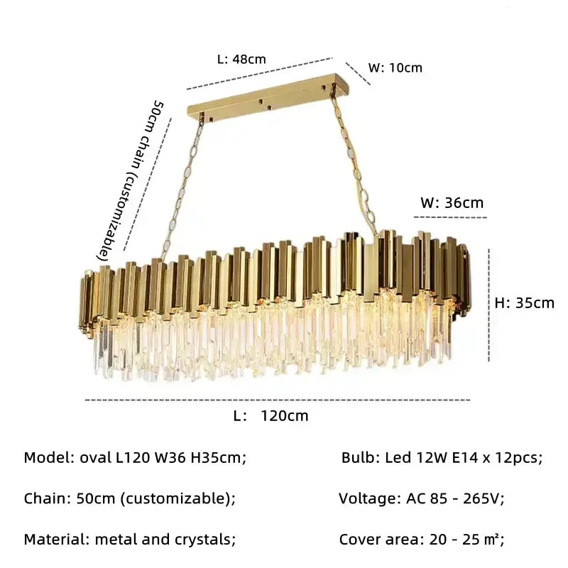 Decorbites golden luxury led crystal chandelier with gold-toned oval frame and cascading clear crystals for living room lighting