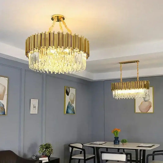 Decorbites golden luxury led crystal chandelier with gold-toned vertical rods and cascading glass prisms for living rooms