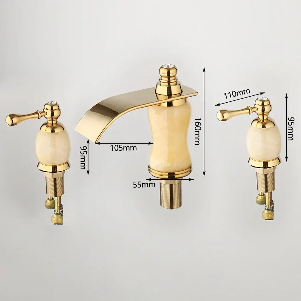 Decorbites golden plated waterfall bathtub faucet with cream ceramic handles and crystal accents on golden plated knobs