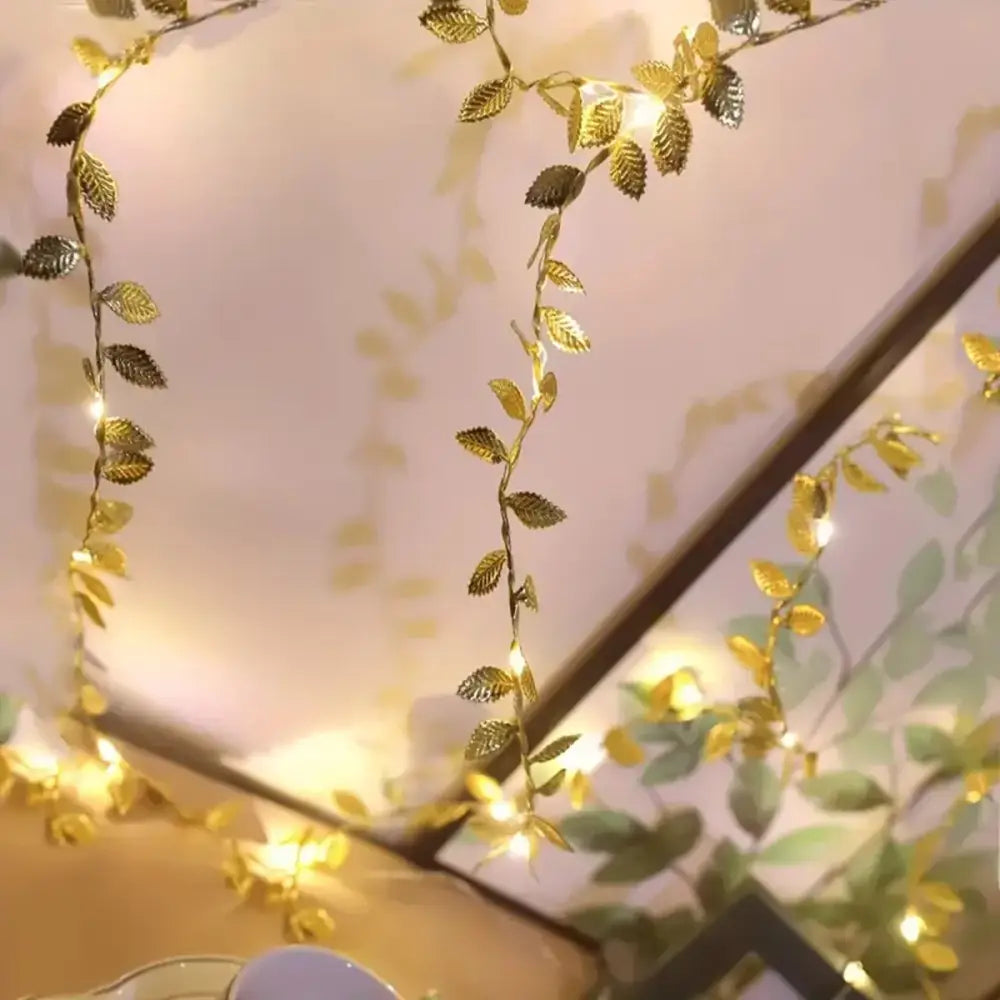 Decorbites™ golden silver leaf fairy lights with tiny golden leaves and warm glowing bulbs for event decoration