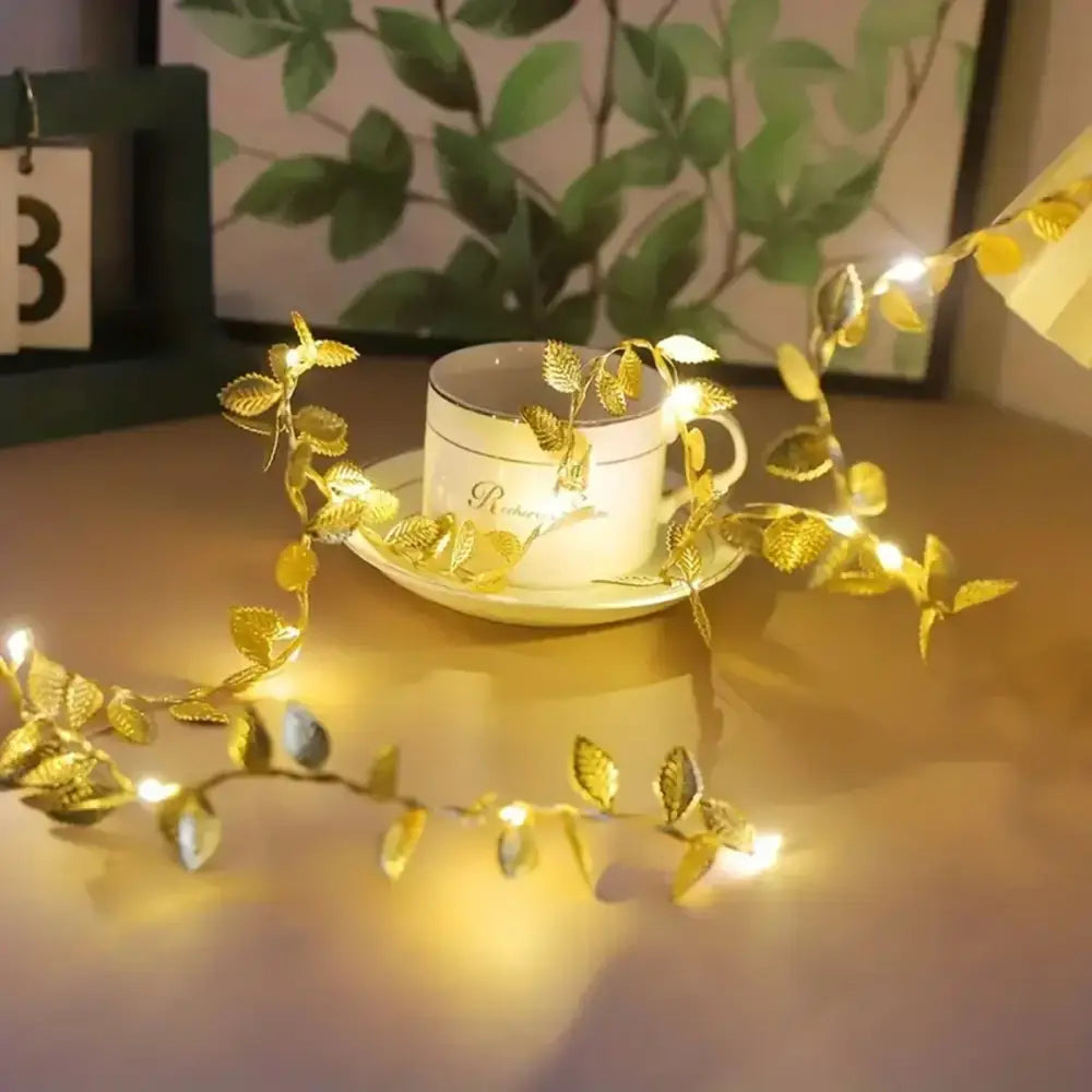 DecorBites™ golden silver leaf fairy lights featuring tiny golden leaves with warm glowing bulbs for events
