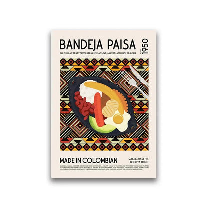 Decorbites™ gourmet world cuisine canvas wall art featuring a black skillet with colorful colombian bandeja paisa ingredients