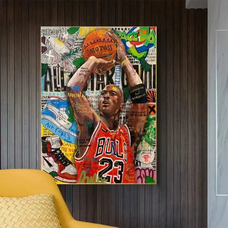 DecorBites™ graffiti basketball celebrities wall art print of michael jordan in red bulls jersey holding orange basketball