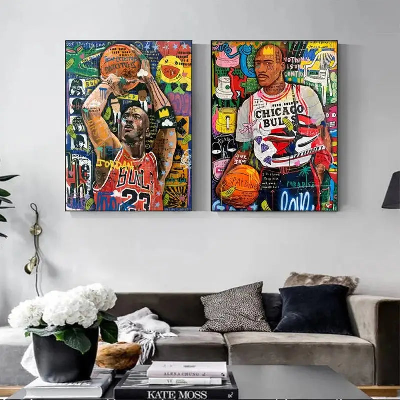 Decorbites™ graffiti basketball celebrities wall art print featuring vibrant chicago bulls graffiti basketball canvas designs