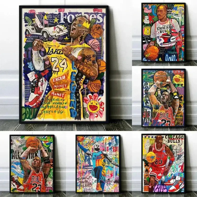 Vibrant graffiti basketball celebrities wall art print featuring kobe bryant in lakers yellow jersey number 24