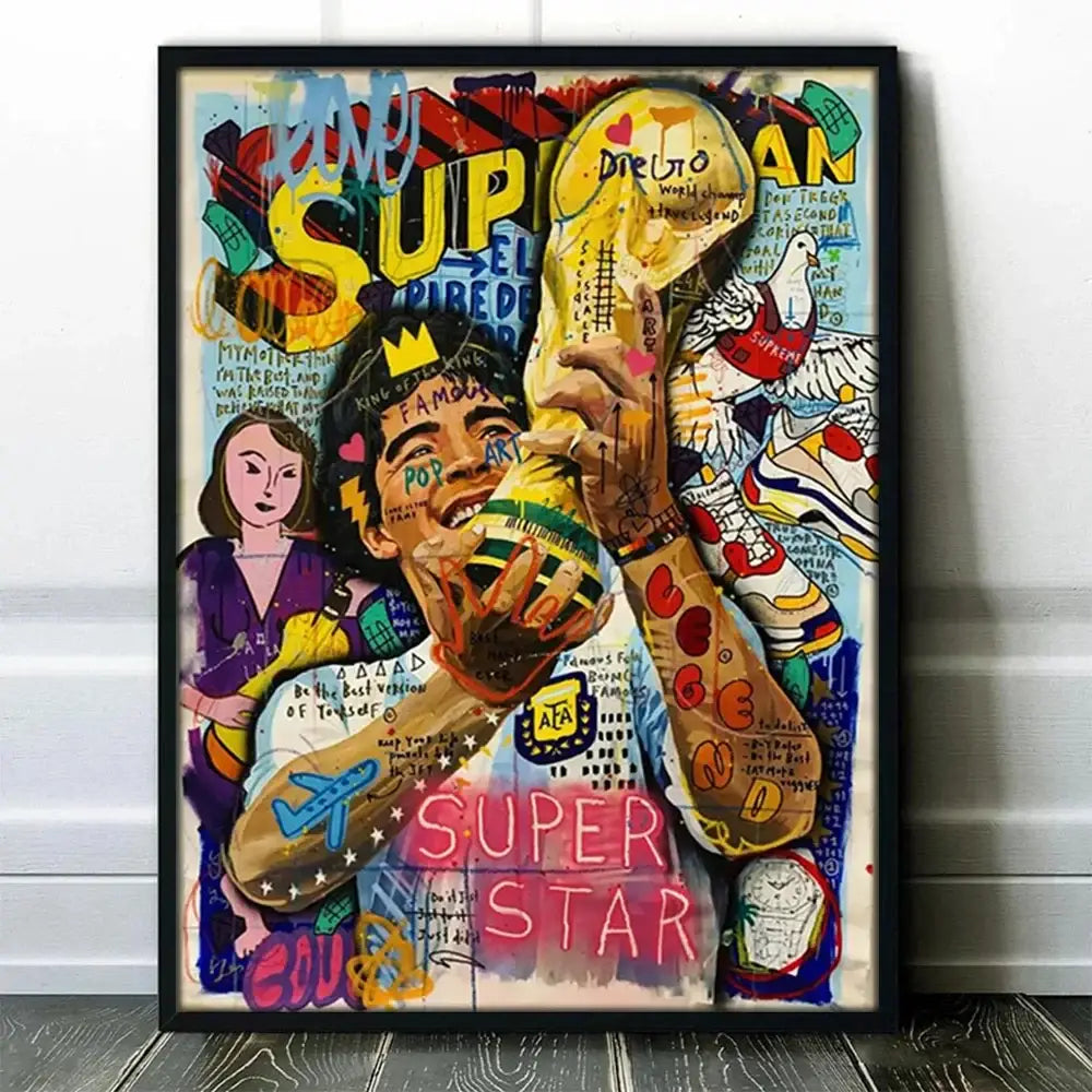 Vibrant graffiti basketball celebrities wall art print featuring a stylized soccer player holding world cup trophy in bold colors