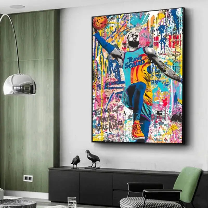 Vibrant graffiti basketball celebrities wall art print featuring lebron james in a space jam new legacy jersey with bold colors