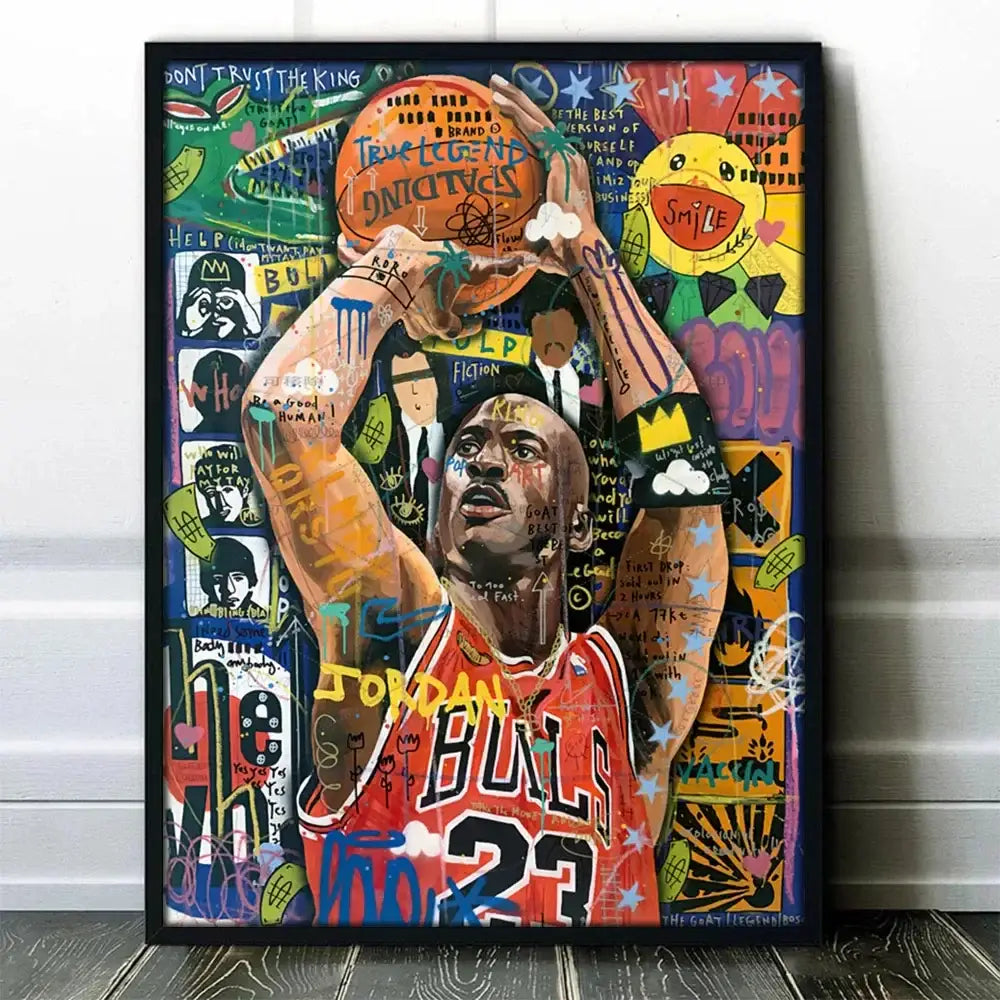 Vibrant graffiti basketball celebrities wall art print featuring a framed poster of a player in red jordan bulls 23 jersey