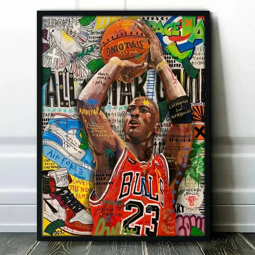 Vibrant pop-art framed poster of michael jordan in red chicago bulls jersey holding basketball with graffiti basketball celebrities background decorbites wall art print
