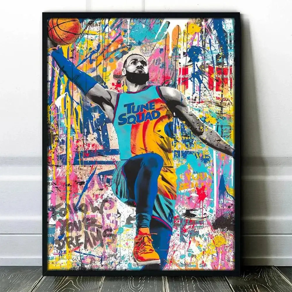 DecorBites™ graffiti basketball celebrities wall art print featuring LeBron James in tune squad jersey with vibrant colors