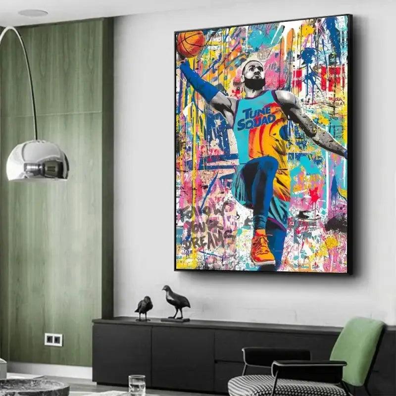 Vibrant decorbites™ graffiti basketball celebrities wall art print featuring lebron james in tune squad jersey with bold colors