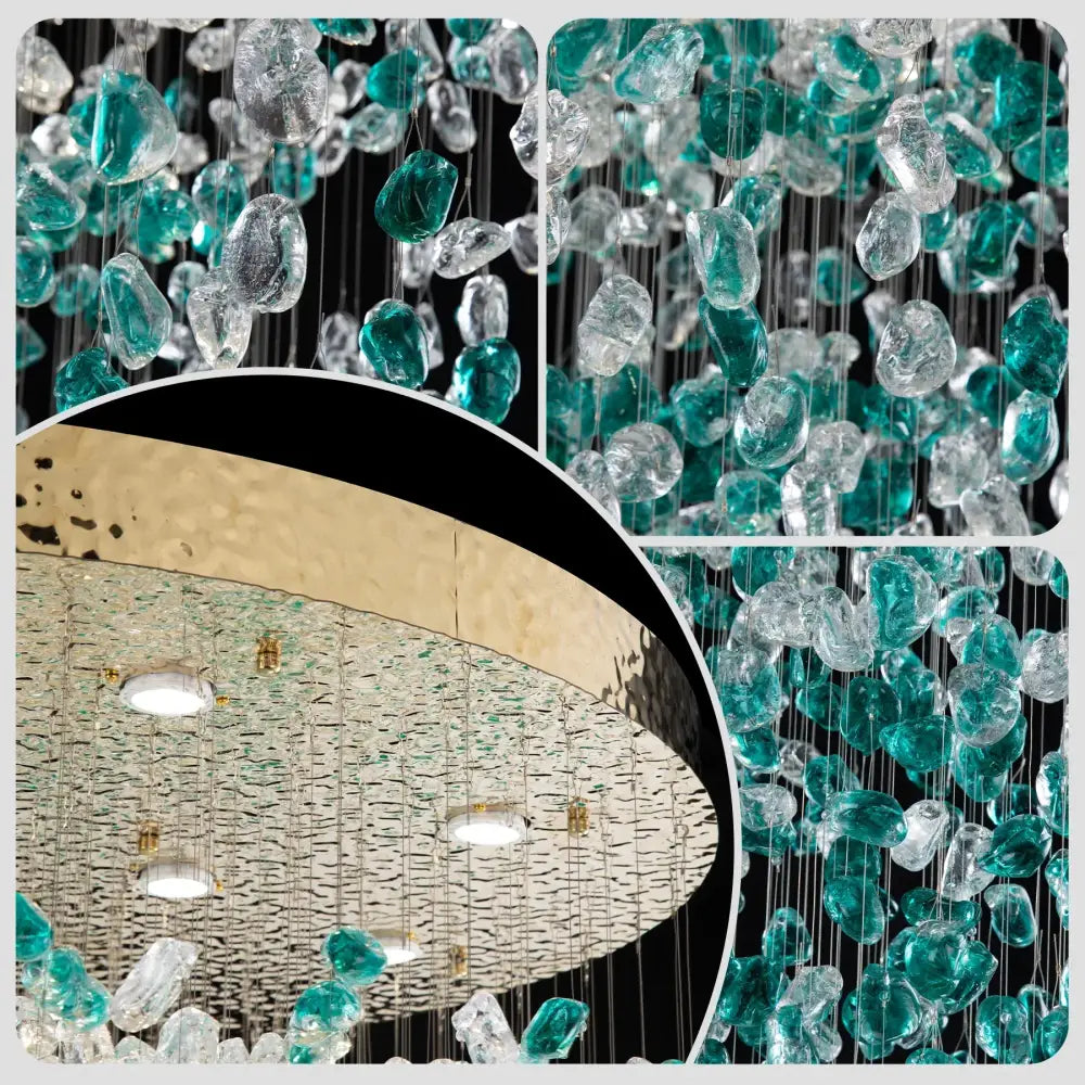 A modern decorbites™ chandelier with cascading green crystal stone pebbles from a textured metallic base