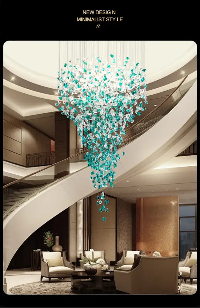 Decorbites™ green crystal stone chandelier with modern minimalist cascading design in turquoise and clear glass