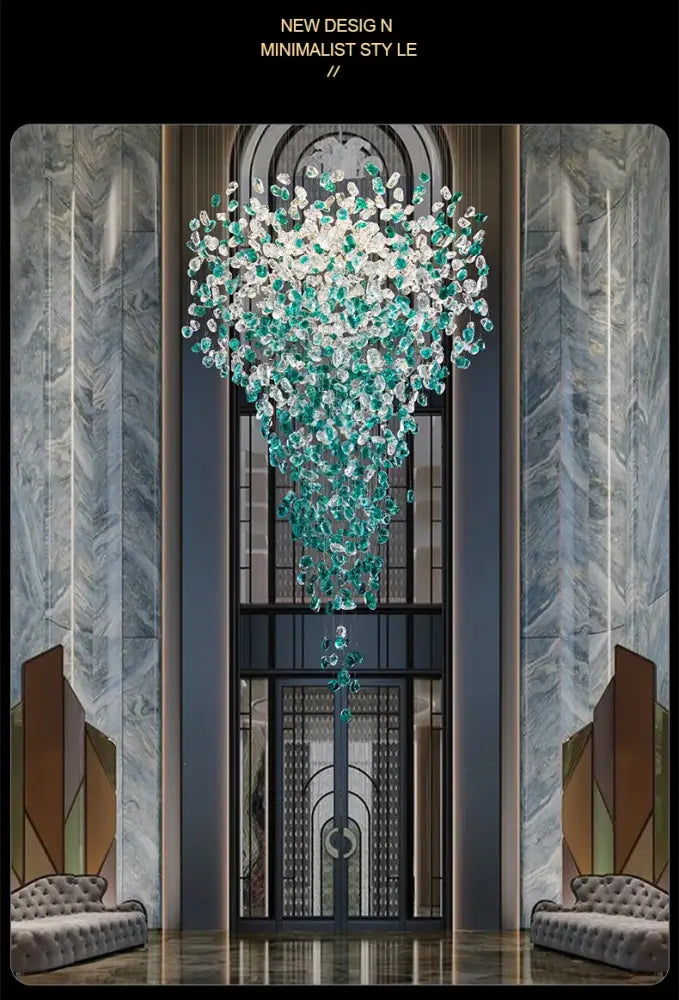 Decorbites™ green crystal stone chandelier featuring cascading translucent teal and clear glass crystals for modern spaces