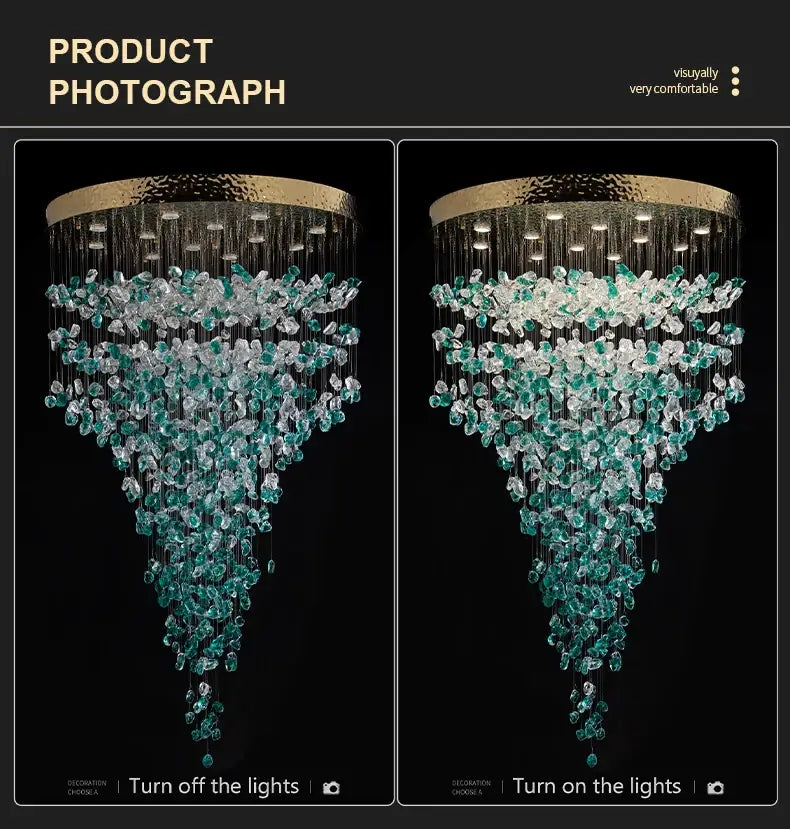 Decorbites™ green crystal stone chandelier with elegant teal and clear crystals and hammered gold-toned ceiling mount