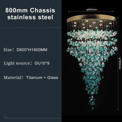 Elegant green crystal stone chandelier with hammered gold stainless steel chassis and translucent green and clear beads