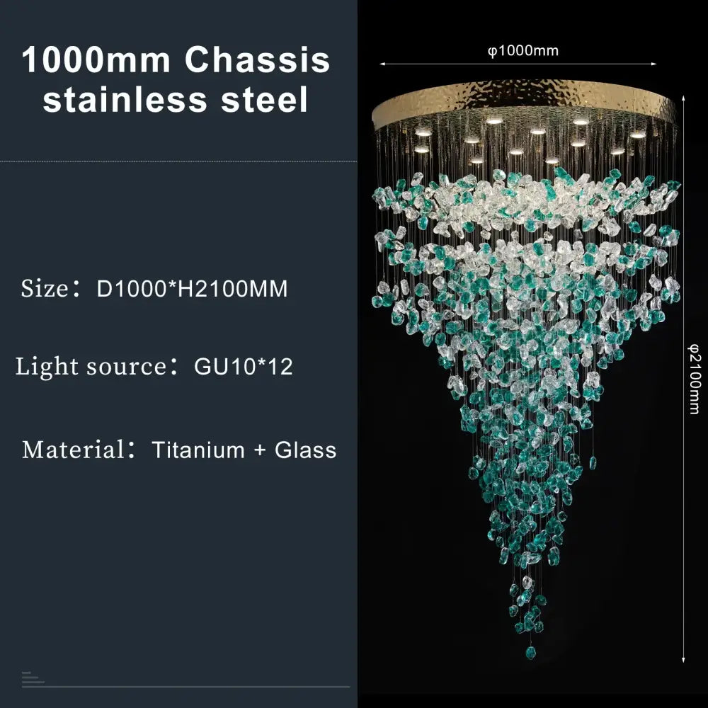 Decorbites™ green crystal stone chandelier with hammered gold stainless steel and cascading translucent glass tiers