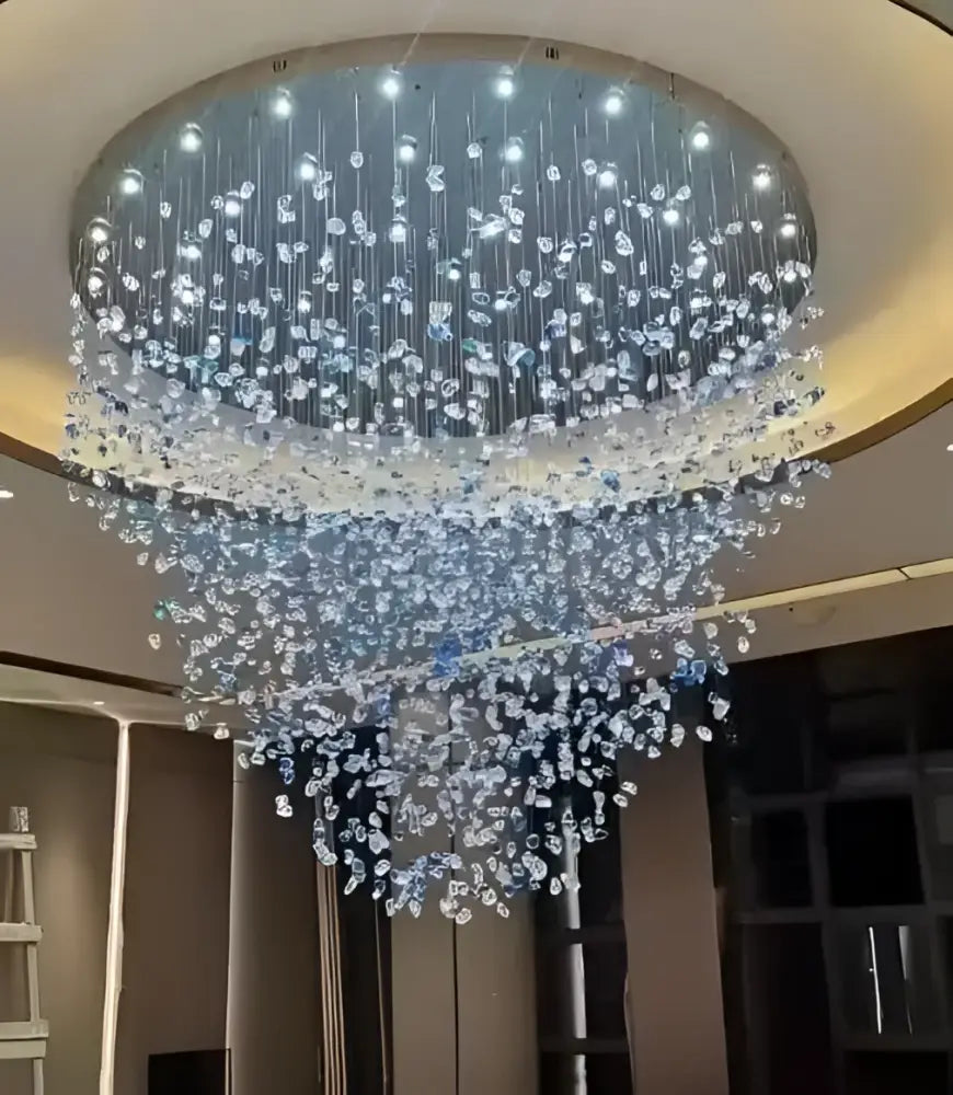 Decorbites™ green crystal stone chandelier with cascading clear and blue crystal droplets for modern spaces