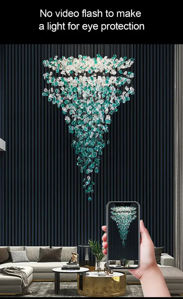 Modern decorbites™ green crystal stone chandelier with cascading teal and clear crystal beads for elegant living rooms