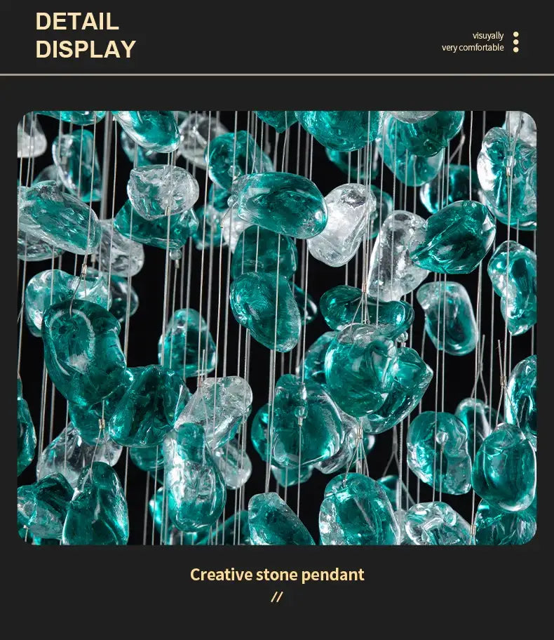 Teal and clear glass green crystal stone pendant with cascading suspended design for modern spaces chandelier