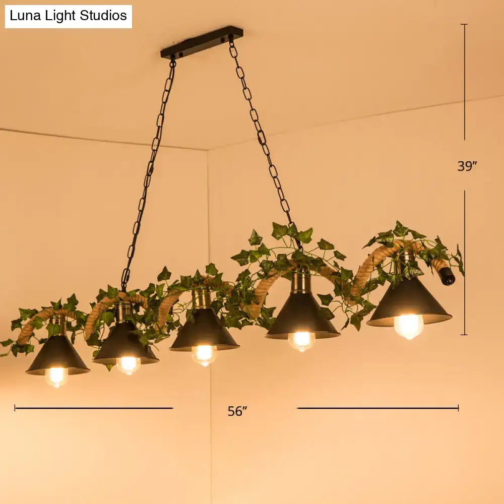 Black metal DecorBites island light with five barrel flared shades, faux plant ivy, and woven rope accents