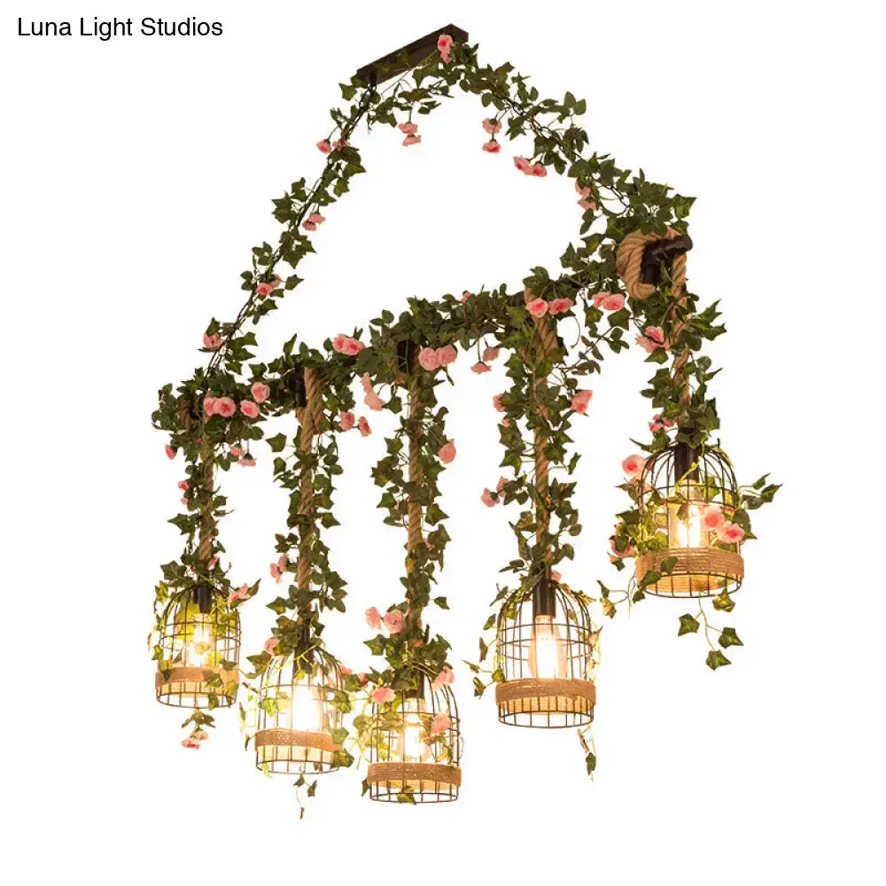 Decorbites™ green faux plant farmhouse pendant island light with five barrel flared birdcage lights and pink flowers