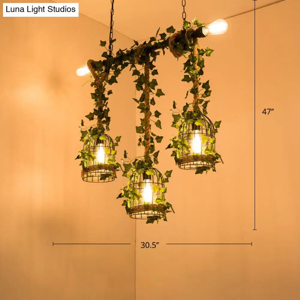 Decorbites™ green faux plant farmhouse island light with rustic wire birdcage chandelier and barrel flared metallic shade