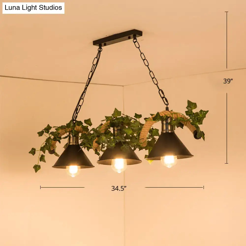 Decorbites green faux plant farmhouse island light with black barrel flared metal shades and decorative ivy accents