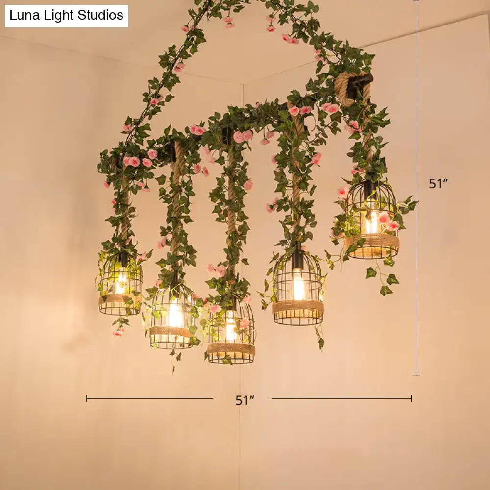 DecorBites green faux plant farmhouse island light with five dark metal birdcage lights and barrel flared woven rope bases