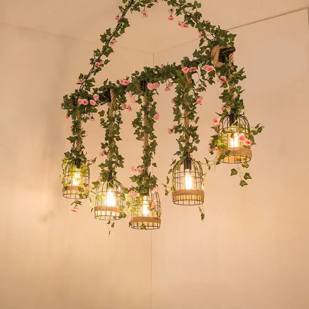 Decorbites™ green faux plant farmhouse pendant island light with barrel flared metallic shade and rattan birdcage lamps