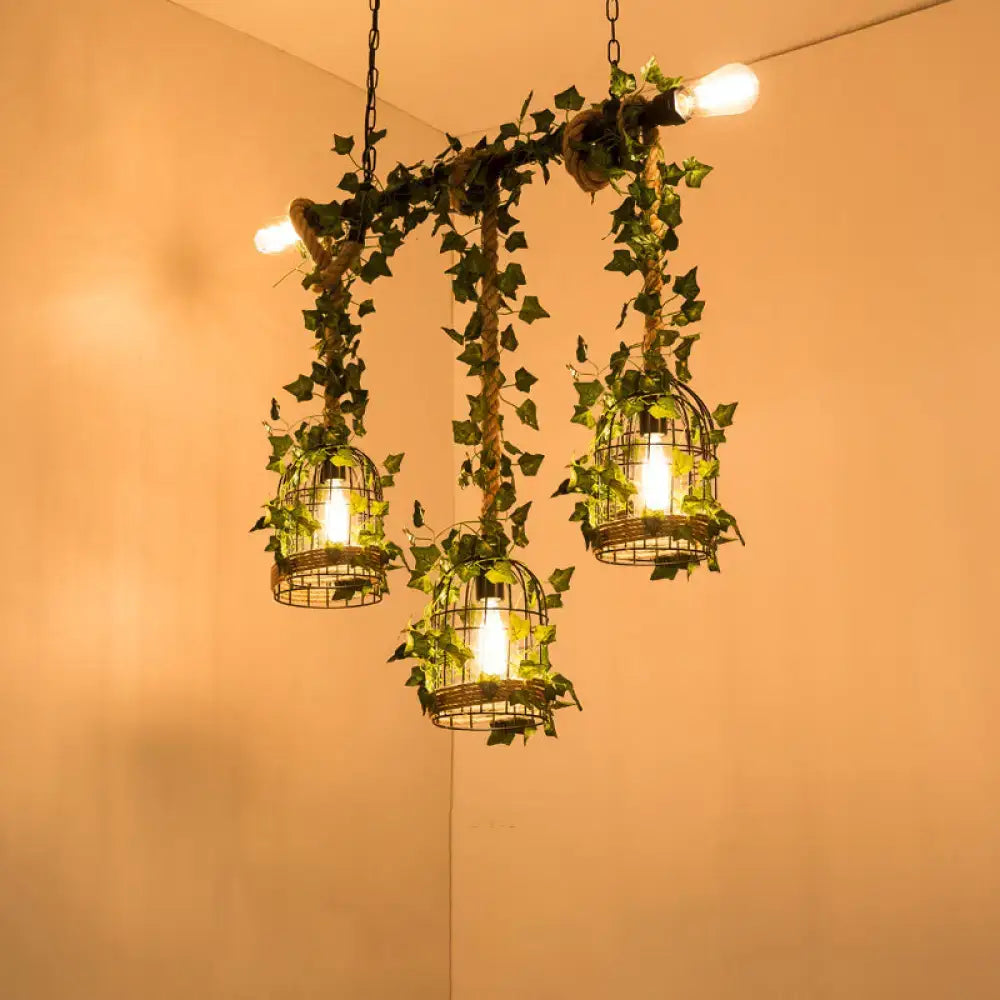 DecorBites™ farmhouse island light with three wire birdcage faux plant shades and warm-toned bulbs in metallic barrel flared design