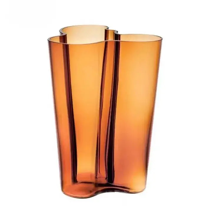 DecorBites™ amber glass vase with translucent wavy asymmetrical design, elegant modern decor centerpiece