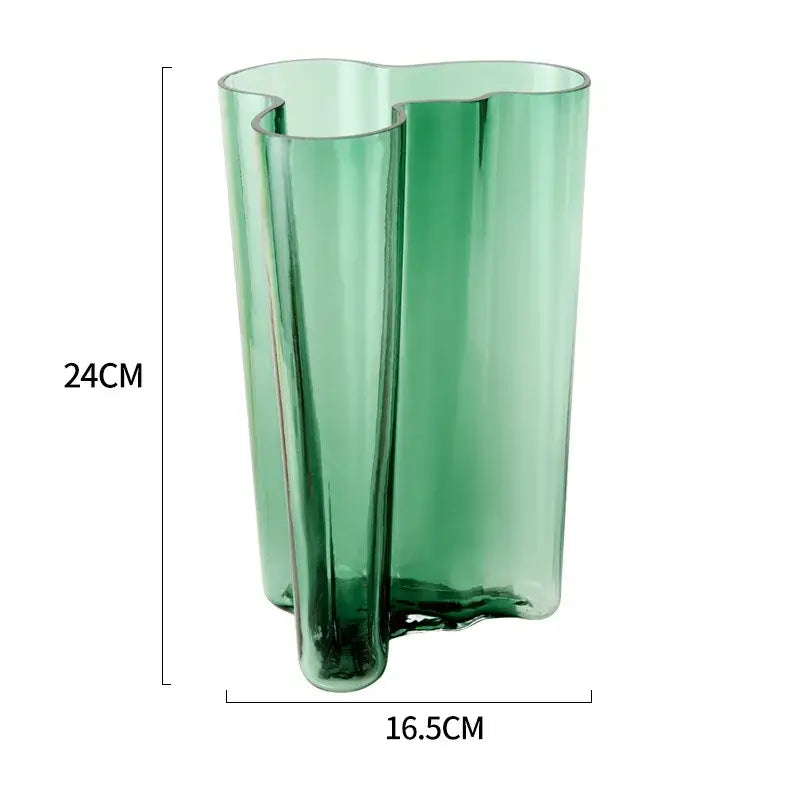 DecorBites™ green glass vase with a translucent wavy three-lobed design for modern decor use